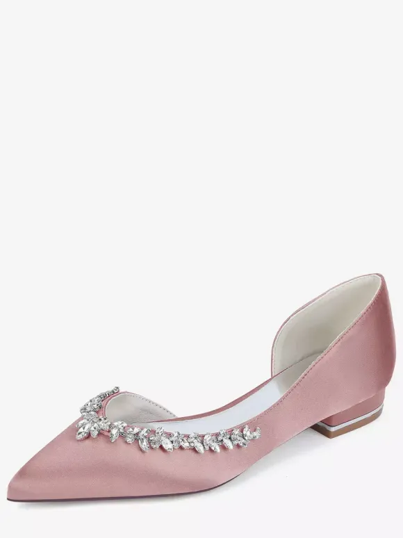 Chaussures de mariage plates ivoire en satin à bout pointu et strass