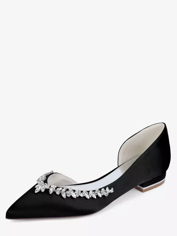 Chaussures de mariage plates ivoire en satin à bout pointu et strass