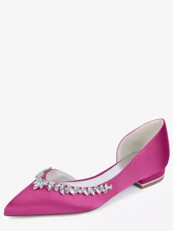 Chaussures de mariage plates ivoire en satin à bout pointu et strass