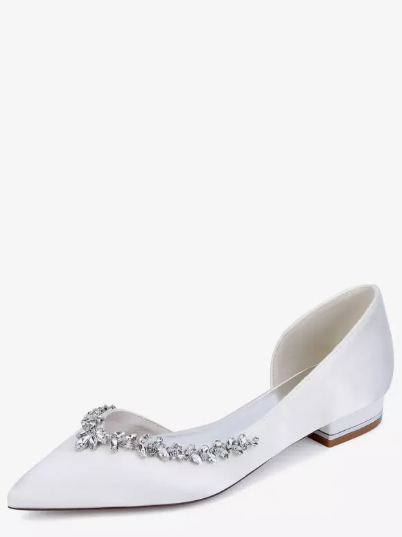Chaussures de mariage plates ivoire en satin à bout pointu et strass