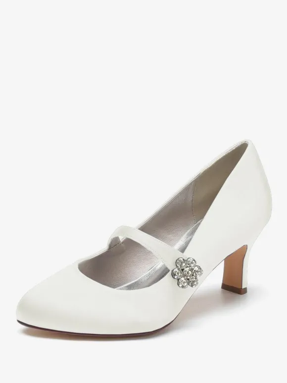 Chaussures De Mariage Pour Femmes Satin Blanc Bout Rond Strass Talon Trotteur Chaussures De Mariée À Lacet