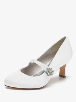 Chaussures De Mariage Pour Femmes Satin Blanc Bout Rond Strass Talon Trotteur Chaussures De Mariée À Lacet