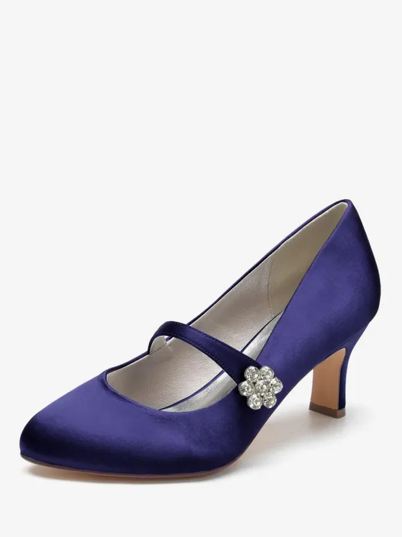 Chaussures De Mariage Pour Femmes Satin Blanc Bout Rond Strass Talon Trotteur Chaussures De Mariée À Lacet