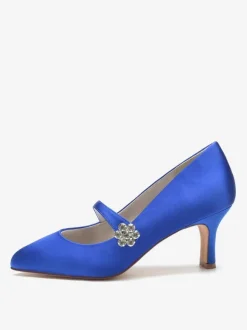 Chaussures De Mariage Pour Femmes Satin Blanc Bout Rond Strass Talon Trotteur Chaussures De Mariée À Lacet