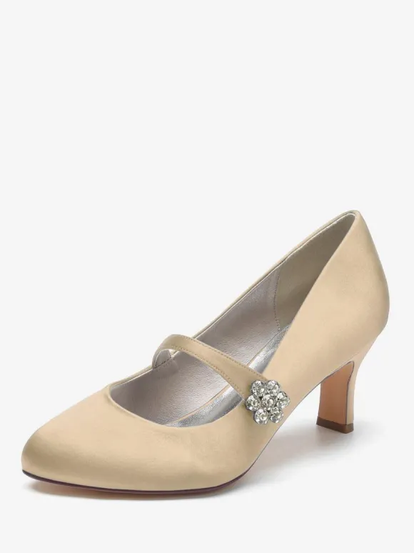 Chaussures De Mariage Pour Femmes Satin Blanc Bout Rond Strass Talon Trotteur Chaussures De Mariée À Lacet