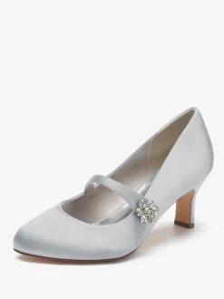 Chaussures De Mariage Pour Femmes Satin Blanc Bout Rond Strass Talon Trotteur Chaussures De Mariée À Lacet