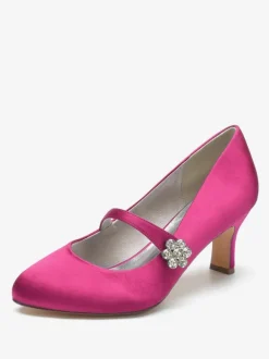 Chaussures De Mariage Pour Femmes Satin Blanc Bout Rond Strass Talon Trotteur Chaussures De Mariée À Lacet