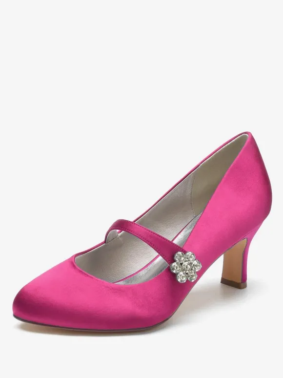Chaussures De Mariage Pour Femmes Satin Blanc Bout Rond Strass Talon Trotteur Chaussures De Mariée À Lacet