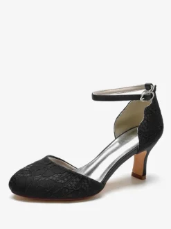 Chaussures De Mariage Pour Femmes Satin Blanc Bout Rond Strass Talon Trotteur Chaussures De Mariée