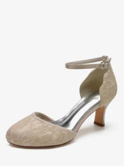 Chaussures De Mariage Pour Femmes Satin Blanc Bout Rond Strass Talon Trotteur Chaussures De Mariée