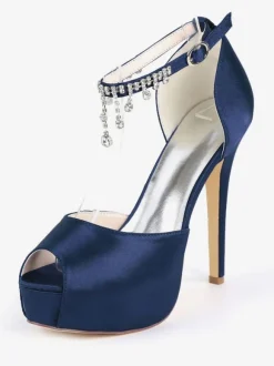 Chaussures de mariage Satin blanc Peep Toe Chaînes Talon aiguille Bride à la cheville Chaussures de mariée