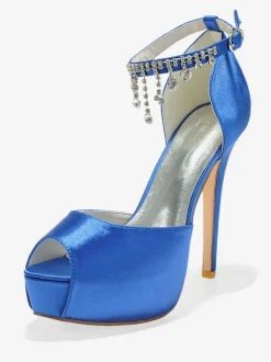 Chaussures de mariage Satin blanc Peep Toe Chaînes Talon aiguille Bride à la cheville Chaussures de mariée