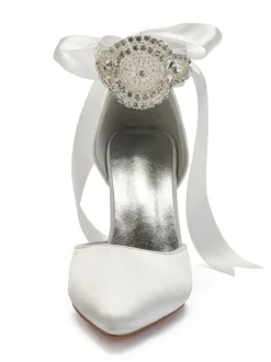 Chaussures de mariage Satin Bleu Bout pointu Perles Talon aiguille Retour Bow Chaussures de mariée