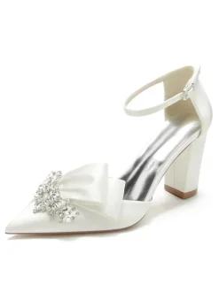 Chaussures de mariage Strass Satin Bout pointu Talon épais Chaussures de mariée
