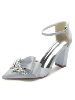 Chaussures de mariage Strass Satin Bout pointu Talon épais Chaussures de mariée