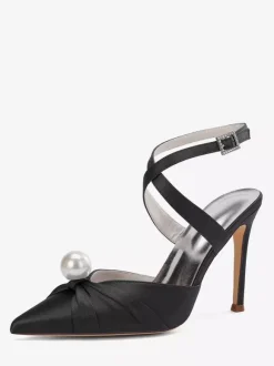 Chaussures de mariage à talons hauts en satin bout pointu perles escarpins à bride arrière