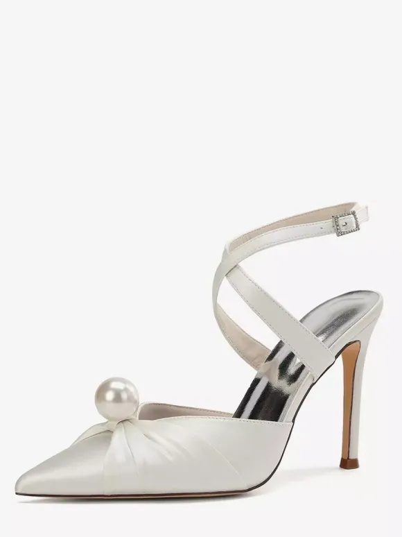 Chaussures de mariage à talons hauts en satin bout pointu perles escarpins à bride arrière