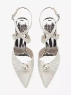 Chaussures de mariage à talons hauts en satin bout pointu perles escarpins à bride arrière