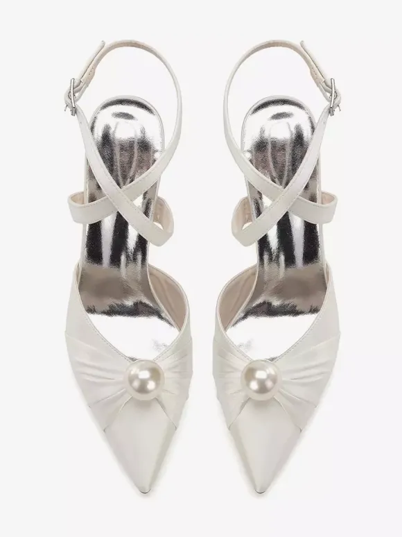 Chaussures de mariage à talons hauts en satin bout pointu perles escarpins à bride arrière