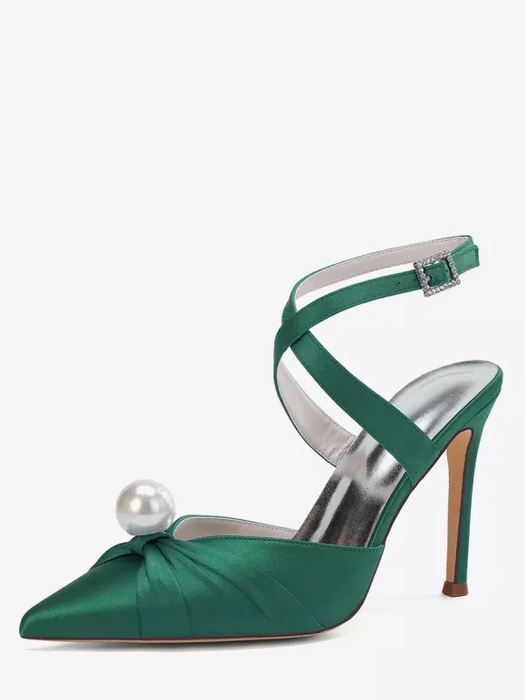Chaussures de mariage à talons hauts en satin bout pointu perles escarpins à bride arrière