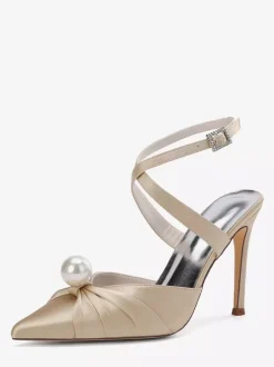 Chaussures de mariage à talons hauts en satin bout pointu perles escarpins à bride arrière