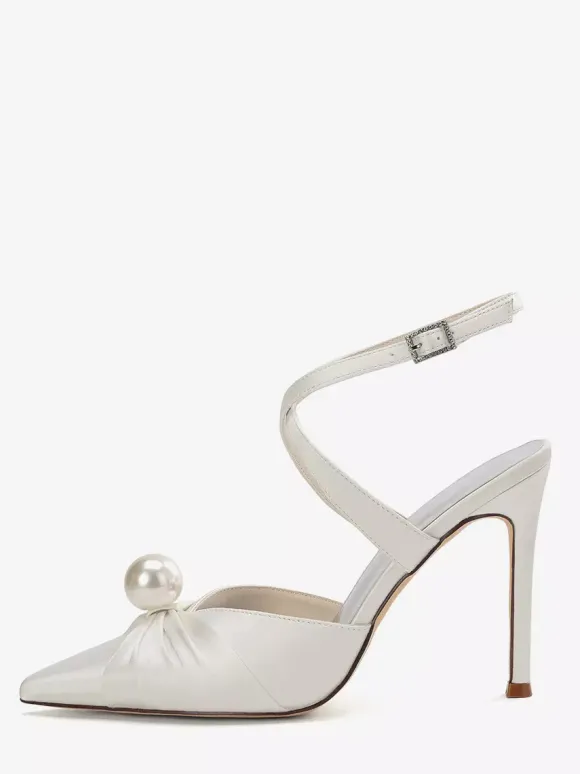 Chaussures de mariage à talons hauts en satin bout pointu perles escarpins à bride arrière
