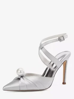 Chaussures de mariage à talons hauts en satin bout pointu perles escarpins à bride arrière