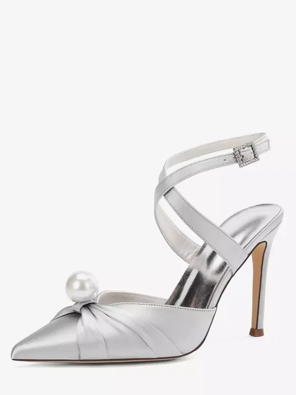 Chaussures de mariage à talons hauts en satin bout pointu perles escarpins à bride arrière