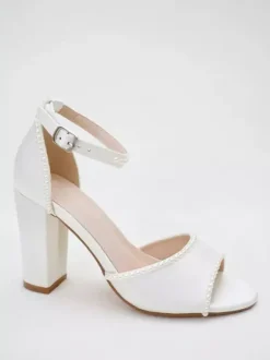 Chaussures de mariage à talons épais Chaussures de mariée à bout ouvert avec perles blanches