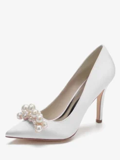 Chaussures de mariage à talons hauts Satin Bout pointu Perles Talon aiguille Escarpins de mariée