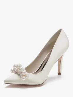 Chaussures de mariage à talons hauts Satin Bout pointu Perles Talon aiguille Escarpins de mariée