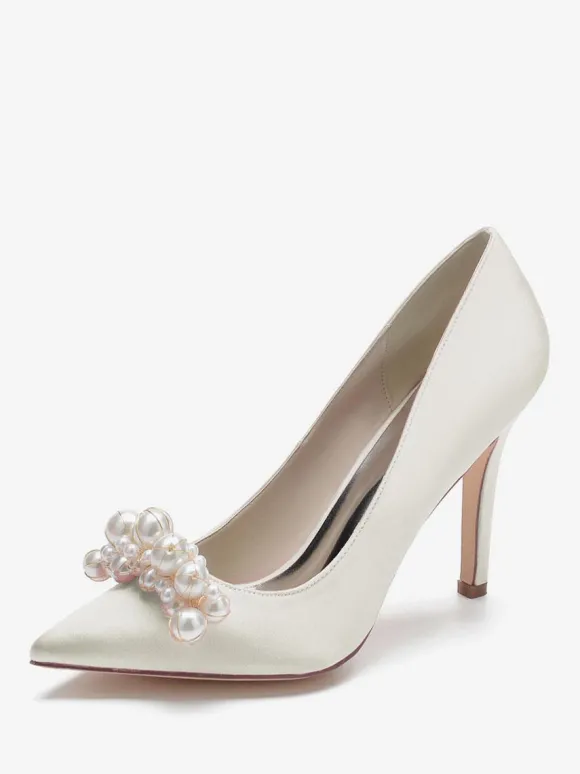 Chaussures de mariage à talons hauts Satin Bout pointu Perles Talon aiguille Escarpins de mariée