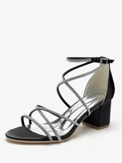 Chaussures de mariage à talons noirs et bout ouvert avec strass et lanières