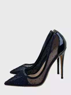 Chaussures de mariage à talons aiguilles et bout pointu en maille noire avec patchwork de strass