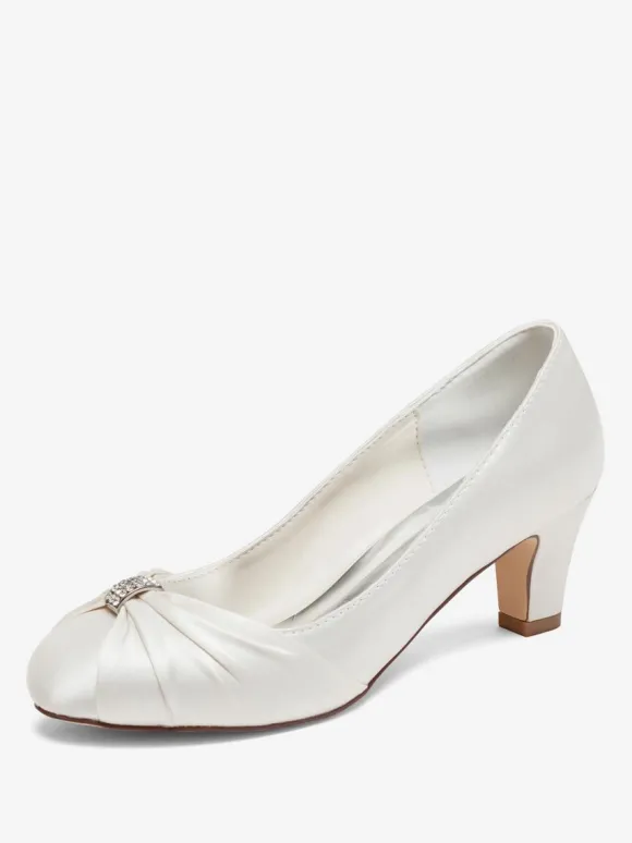 Chaussures de mariage vintage en satin à bout rond et strass chaussures de mariée à talon moyen