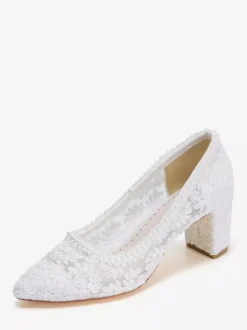 Chaussures de mariée en dentelle à talon compensé et bout pointu à enfiler