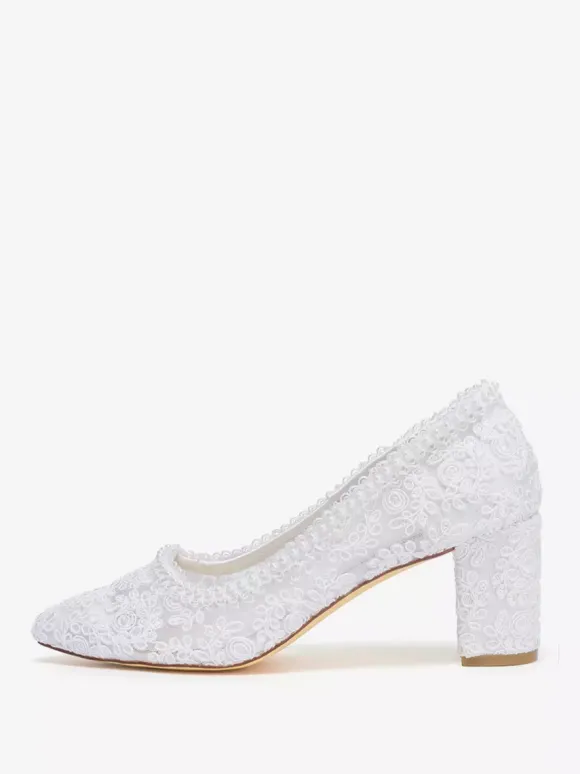 Chaussures de mariée en dentelle à talon compensé et bout pointu à enfiler