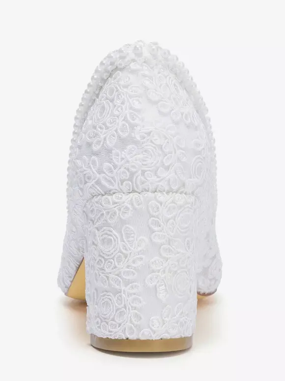 Chaussures de mariée en dentelle à talon compensé et bout pointu à enfiler