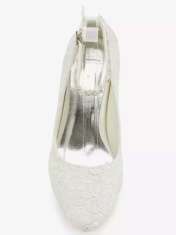 Chaussures de mariée en dentelle Ivory Pointed Toe Flowers Chaussures de mariée à bride de cheville