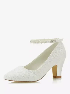 Chaussures de mariée en dentelle Ivory Pointed Toe Flowers Chaussures de mariée à bride de cheville