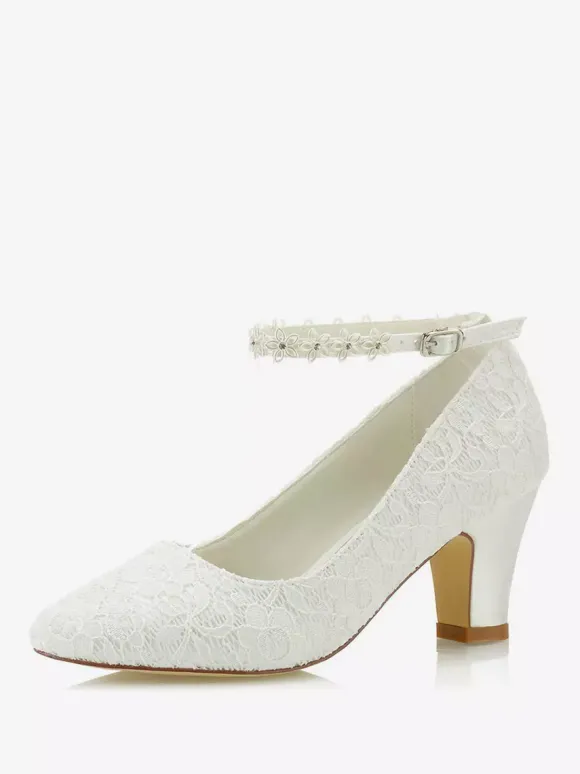 Chaussures de mariée en dentelle Ivory Pointed Toe Flowers Chaussures de mariée à bride de cheville