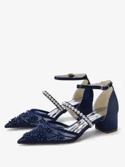 Chaussures de mariée en dentelle talon compensé bout pointu perles talon bas