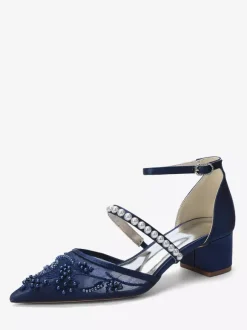 Chaussures de mariée en dentelle talon compensé bout pointu perles talon bas