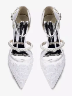 Chaussures de mariée en dentelle talon compensé bout pointu perles talon bas