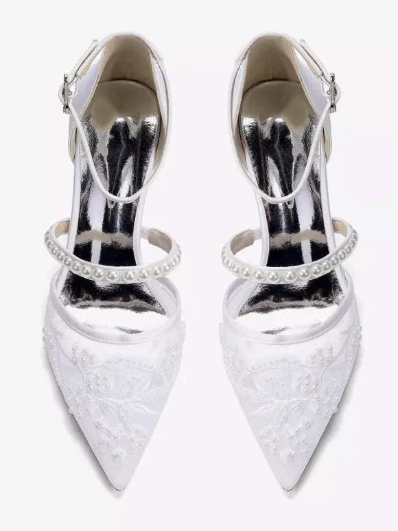 Chaussures de mariée en dentelle talon compensé bout pointu perles talon bas