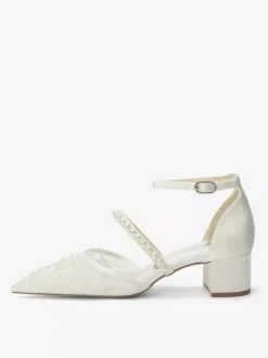 Chaussures de mariée en dentelle talon compensé bout pointu perles talon bas
