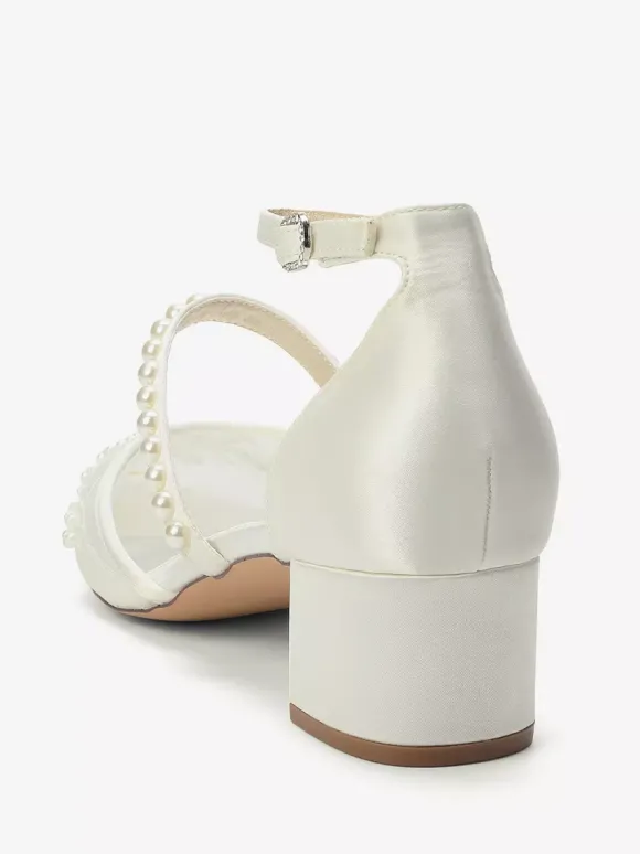 Chaussures de mariée en dentelle talon compensé bout pointu perles talon bas