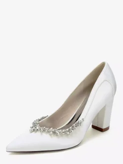 Chaussures de mariée en satin à bout pointu et talons épais avec strass
