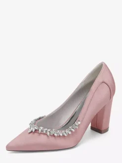Chaussures de mariée en satin à bout pointu et talons épais avec strass
