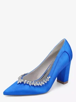 Chaussures de mariée en satin à bout pointu et talons épais avec strass